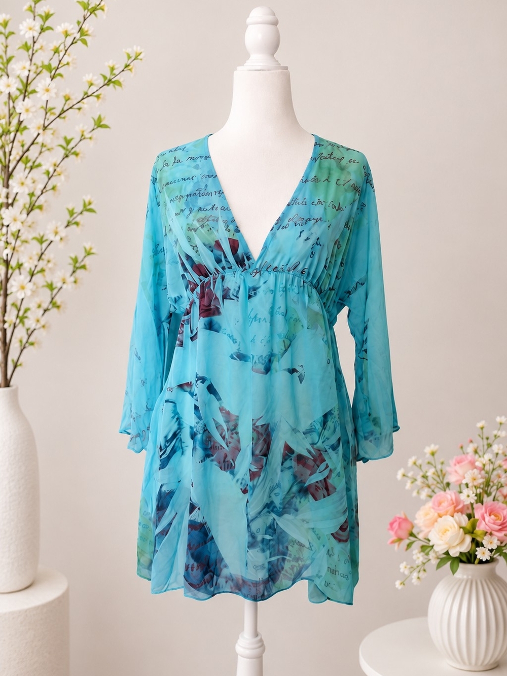 Daniel Benjamin Women's Sheer Blue Floral Tunic Size Large